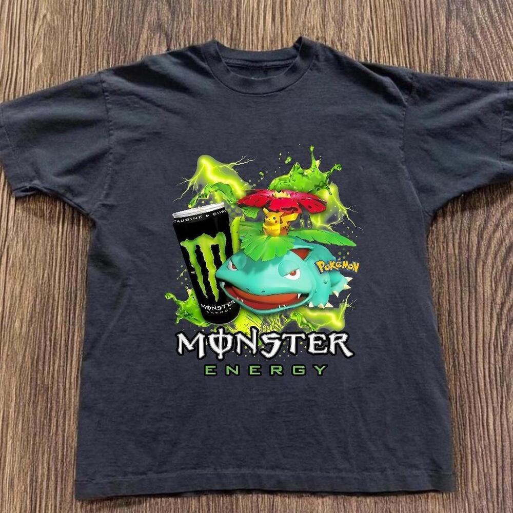 Gildan Men Black T-Shirt Pokemon X Monster Energy Black Cotton T-Shirt